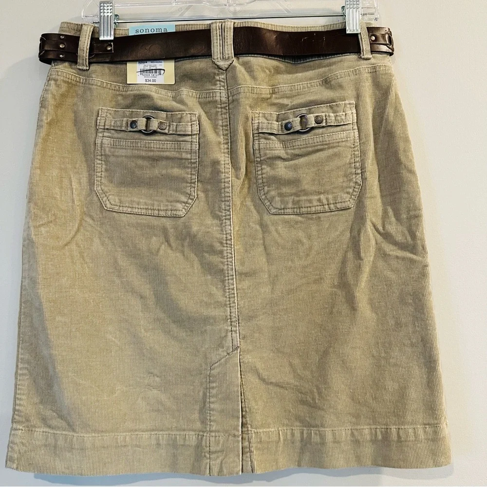 NWT Sonoma Womens Belted Tan‎ Corduroy Skirt Straight Knee-Length Stretch 6.B48
